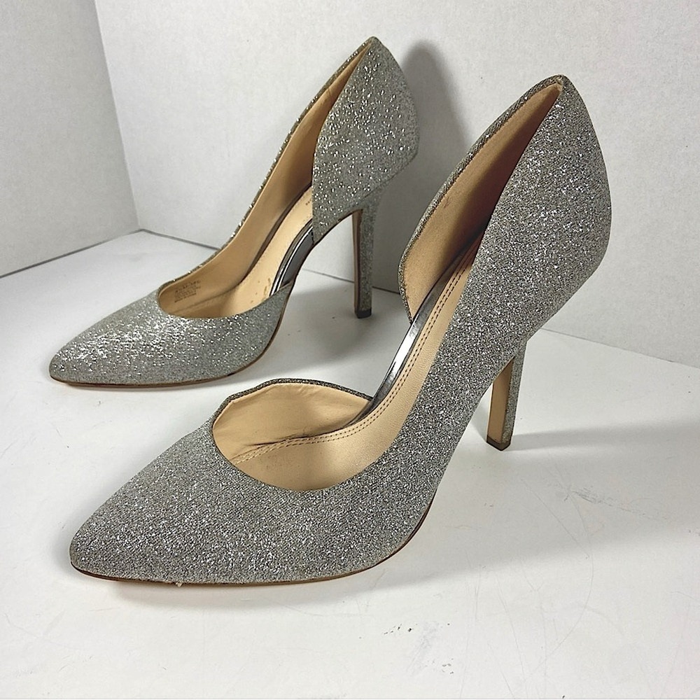 BCBGeneration Jaze Glitter Pumps Silver Pointed Toe D'Orsay Heels 8.5